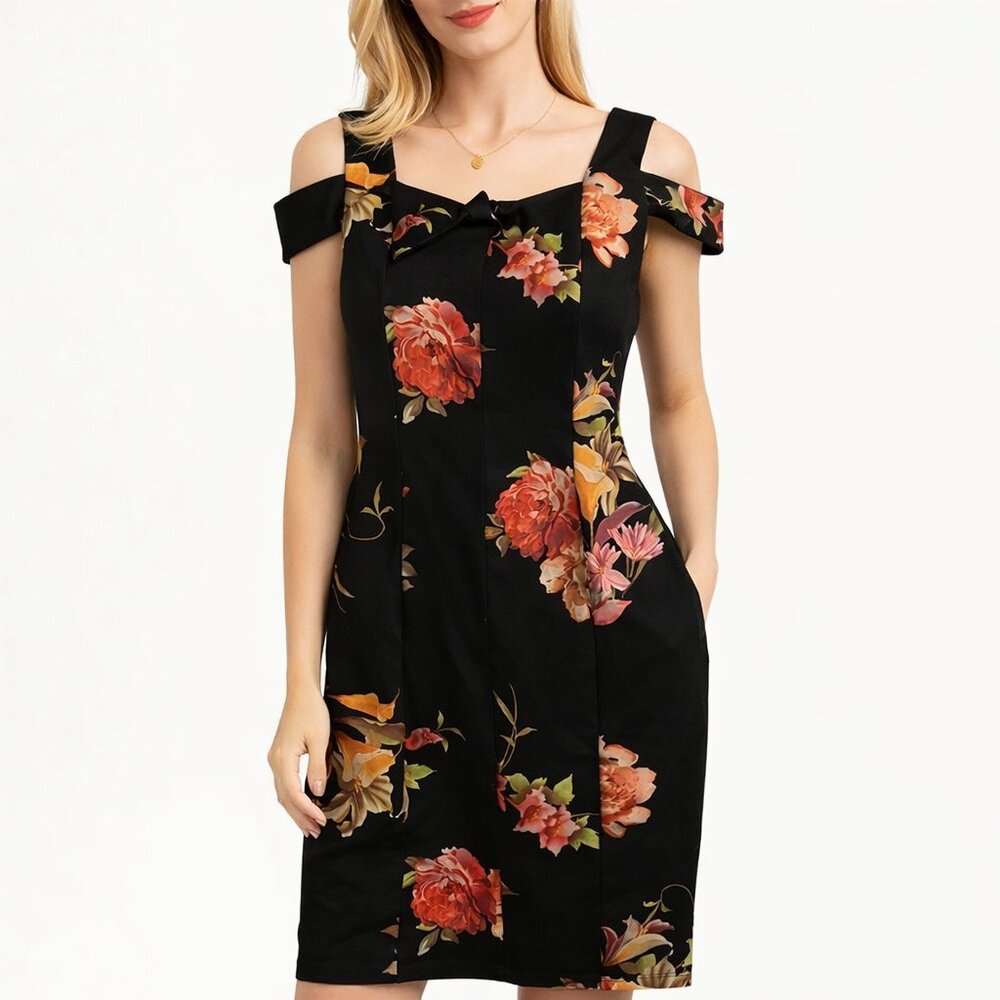 Black Floral Cold Shoulder Dress Women’s Knee Length Cocktail Wedding Guest